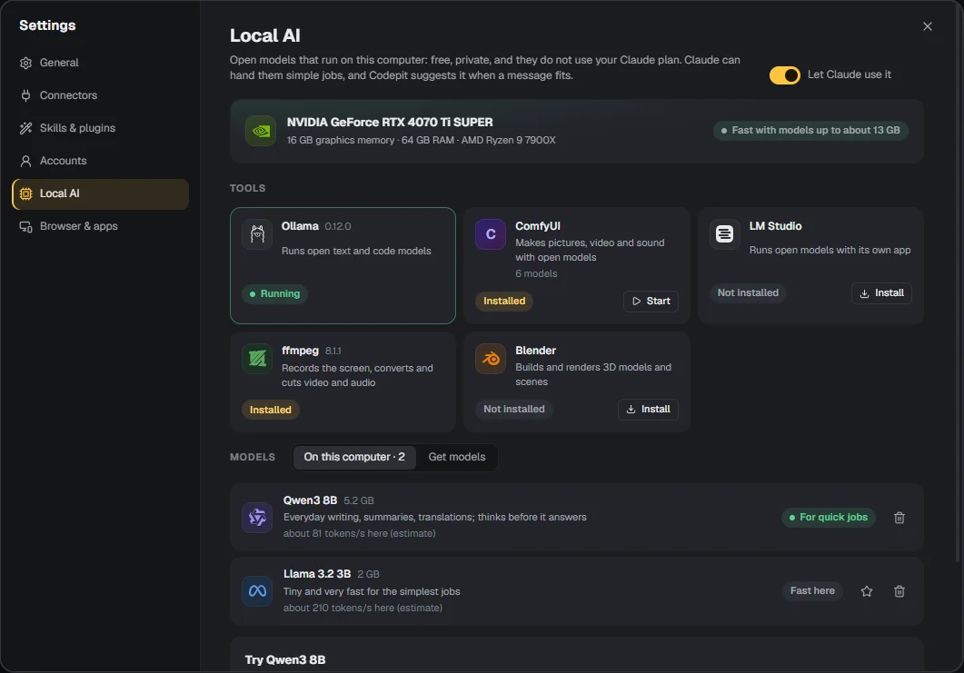 Settings, Local AI: the graphics card and how big a model it runs fast, local tools such as Ollama, ComfyUI, ffmpeg and Blender, and the models on this computer.