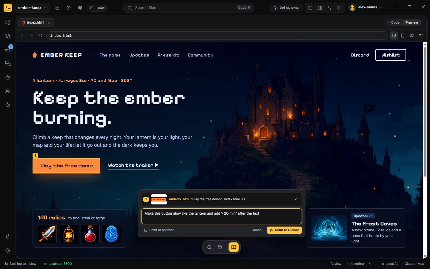 A page preview with the Buy now button picked and numbered 1, and a card under it naming button#buy, its text and index.html, with the request: make it bigger and say Order now.